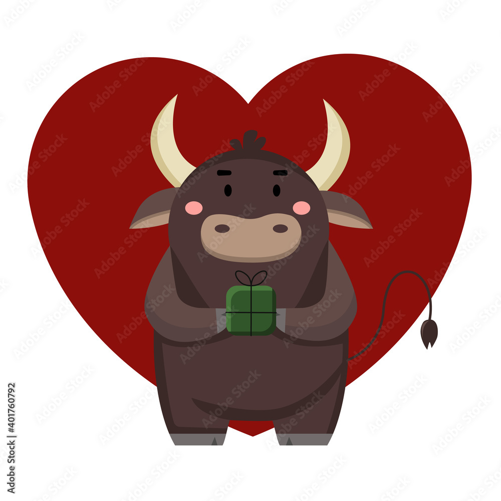 Vector image of an enamored bull on a background of a heart holding a gift. Mockup for a postcard. Vector image of an enamored bull on a background of a heart holding a gift. Mockup for a postcard.