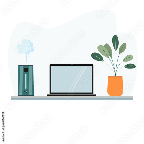 Vector image of stylish air humidifier for home in the interior with laptop and plant