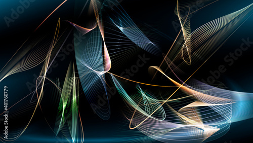 Vector design with a dynamic composition of colorful glcowing lines.
