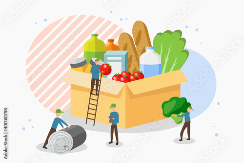 Vector image in which a group of people collects donations to people in need in a box with canned food, water, cereals, vegetables. The concept of volunteer voluntary assistance to those in need.