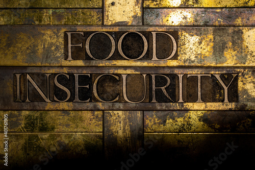 Food Insecurity text on vintage textured grunge copper and gold background