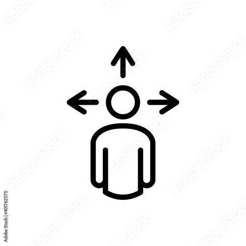 Símbolo decisión. Icono plano lineal hombre con flechas con lineas en color negro
