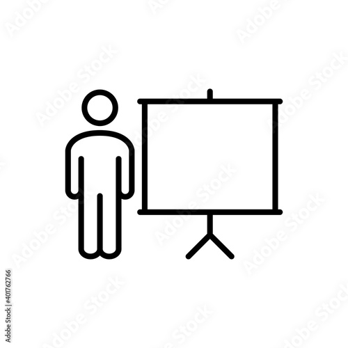 Presentación de negocios. Formación. Icono plano hombre con pizarron con lineas en color negro