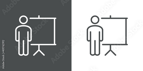 Presentación de negocios. Formación. Icono plano hombre con pizarron con lineas en fondo gris y fondo blanco