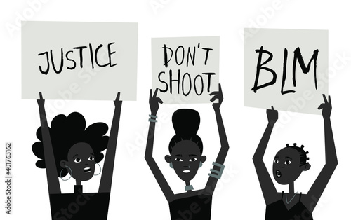 Young Black Character with Poster. Cartoon Style People and Black Lives Matter Protest Board. Isolated Person and Banner. Flat Illustration African American Face. Hand Drawn Vector Drawing