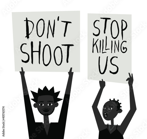 Young Black Character with Poster. Cartoon Style People and Black Lives Matter Protest Board. Isolated Person and Banner. Flat Illustration African American Face. Hand Drawn Vector Drawing