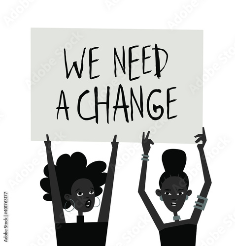 Young Black Character with Poster. Cartoon Style People and Black Lives Matter Protest Board. Isolated Person and Banner. Flat Illustration African American Face. Hand Drawn Vector Drawing