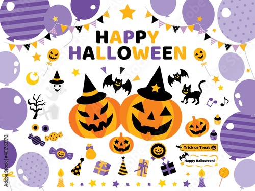 ジャック・オ・ランタンや風船やお菓子や幽霊のハロウィンのセットイラスト
