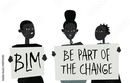 Young Black Character with Poster. Cartoon Style People and Black Lives Matter Protest Board. Isolated Person and Banner. Flat Illustration African American Face. Hand Drawn Vector Drawing
