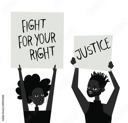 Young Black Character with Poster. Cartoon Style People and Black Lives Matter Protest Board. Isolated Person and Banner. Flat Illustration African American Face. Hand Drawn Vector Drawing