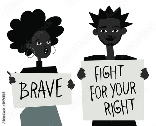 Young Black Character with Poster. Cartoon Style People and Black Lives Matter Protest Board. Isolated Person and Banner. Flat Illustration African American Face. Hand Drawn Vector Drawing