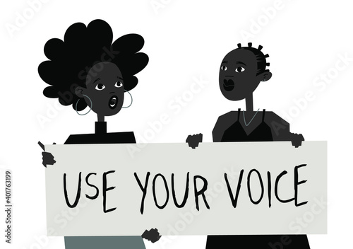 Young Black Character with Poster. Cartoon Style People and Black Lives Matter Protest Board. Isolated Person and Banner. Flat Illustration African American Face. Hand Drawn Vector Drawing