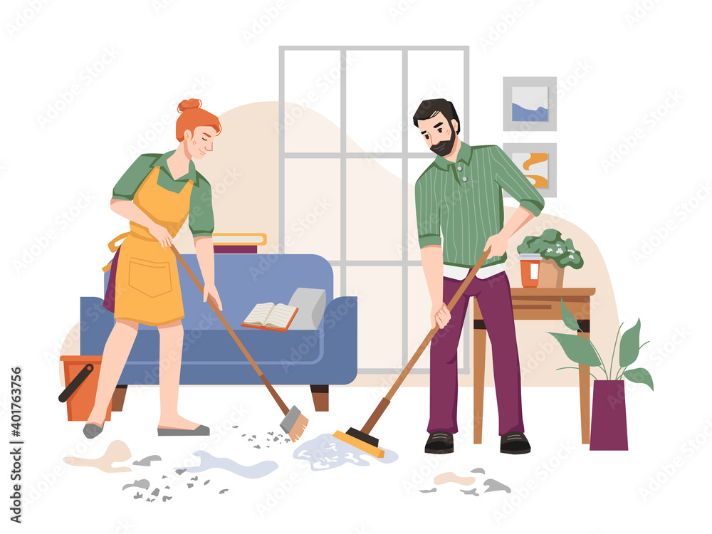 Couple of people sweeping and washing floor in house, room interior with sofa, table with plants in pots, window. Vector husband and wife doing housework household chores, cleaning room in apartment