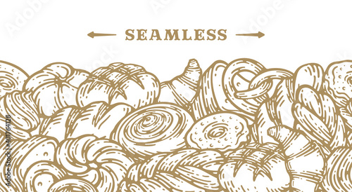 Bread hand drawn illustration. Vintage pastry, desserts, cakes, wheat, flour fresh bread sketches for bakery shop or cafeteria. Seamless pattern vector graphic, stylized image background for menu