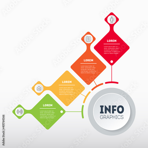 Business presentation concept with four options. Template of info graphic or diagram with 4 process. 4-steps Infographic of technological or online education processes.