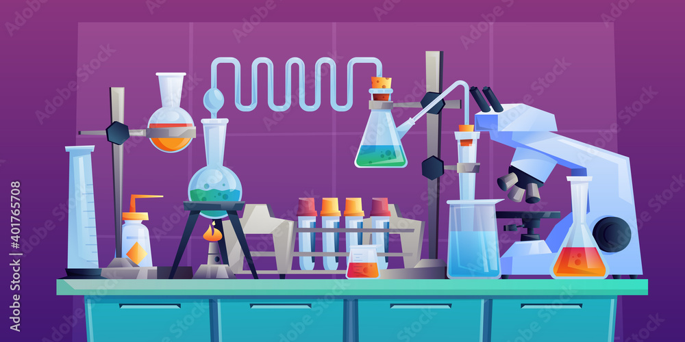 Conducting chemical test or experiment on indoor table, laboratory to  conduct medical researchers with test tubes, beakers and pipeline. Vector  cartoon pharmaceutical and medical glassware, microscope Stock Vector |  Adobe Stock