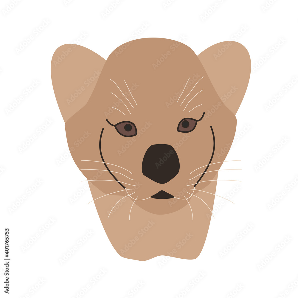 Portrait of a cute baby lion. Hand-drawn vector, flat style. Funny cartoon wildlife, Africa and Asia. For children's illustrations, teaching aids, icons, printing on T-shirts, sublimation.
