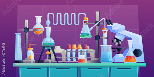 Conducting chemical test or experiment on indoor table, laboratory to conduct medical researchers with test tubes, beakers and pipeline. Vector cartoon pharmaceutical and medical glassware, microscope