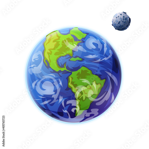 Earth and Moon planets of solar system isolated icons. Vector globe with green continents, seas and oceans, celestial outer space body with craters. Save the planet, ecology protection concept