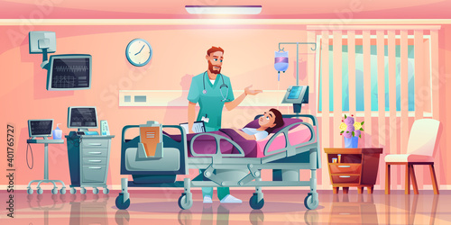 Doctor talking to patient in hospital bed with dropper, hospital operation ward cells. Vector room in medical clinic interior, practitioner and patient. Physician treating ill person intensive therapy