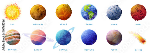 Fototapeta Naklejka Na Ścianę i Meble -  Planets of Solar system and comet isolated cartoon set on white. Vector inner, rocky Mercury, Venus and Earth, Mars. Outer space gas giants Jupiter and Saturn, ice Uranus and Neptune, Pluto, Sun Moon