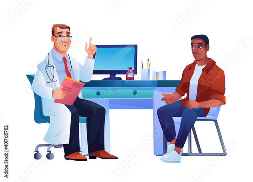 Patient and specialist in doctors office, afro american man on consultation of general practitioner. Vector therapist in white coat, stethoscope and illness history in hands consult black skin guy