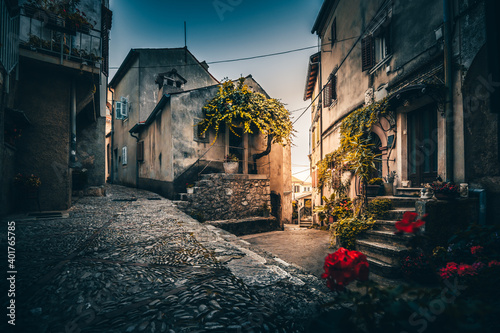 Fototapeta Naklejka Na Ścianę i Meble -  mountain village croatia moscenicka draga. Rovinj. Beautiful old streets and buildings in Istria on the Mediterranean coast. these old little villages and towns have retained their old charm