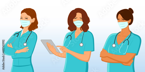 Vector Set of female doctors in medical uniform and medical face masks and stethoscope, Frontline heroes, doctor, nurse, therapist, surgeon, professional hospital workers, medics. Coronavirus pandemic