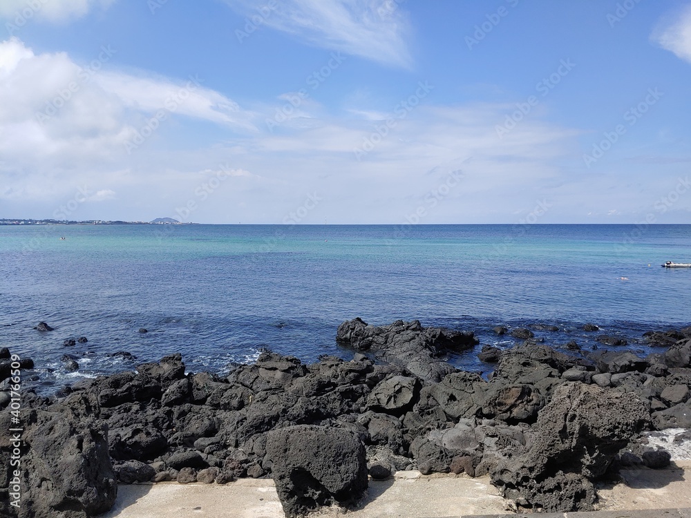 Jeju Island, beach, sea, cloud, black stone, rock, blue sky, Sunshine, tree, peace, horizon, emerald color, Korea
