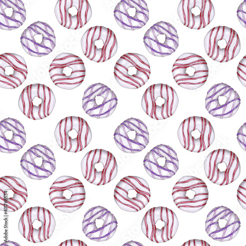 Cute pastel donuts seamless pattern. Sweet donuts pink and purple topping creme on white background. Design for wrapping paper, greeting cards, textile, cafe decor, menu, party invitations.