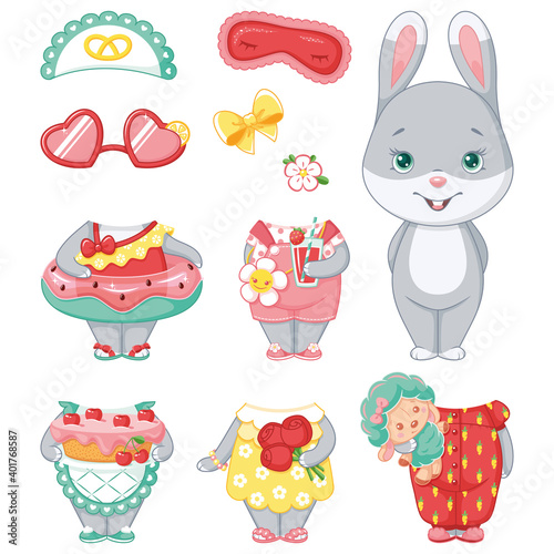 Gray Bunny with clothing for summer. Dress up paper doll. Cartoon vector illustration