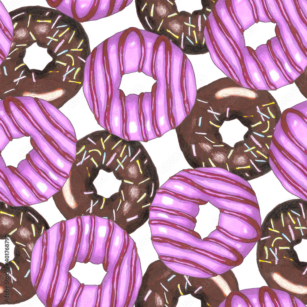 Donuts seamless pattern. Sweet pink and brown donuts with chocolate ...
