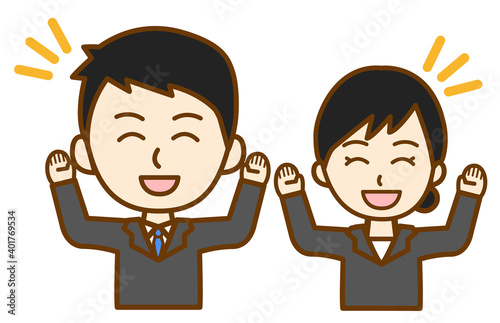 リクルートスーツ姿で両手を上げて喜ぶ男女ペアの上半身イラスト