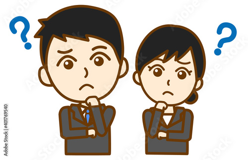 疑問を抱くリクルートスーツ姿の男女の上半身イラスト