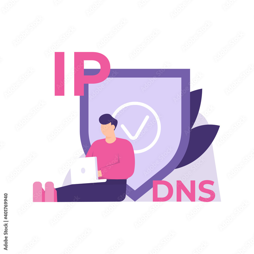 vpn concept, protection on the internet or cyberspace, protection of DNS and IP addresses. illustration of a man sitting and using a laptop to browse. flat style. design elements vpn concept, protection on the internet or cyberspace, protection of DNS and IP addresses. illustration of a man sitting and using a laptop to browse. flat style. design elements