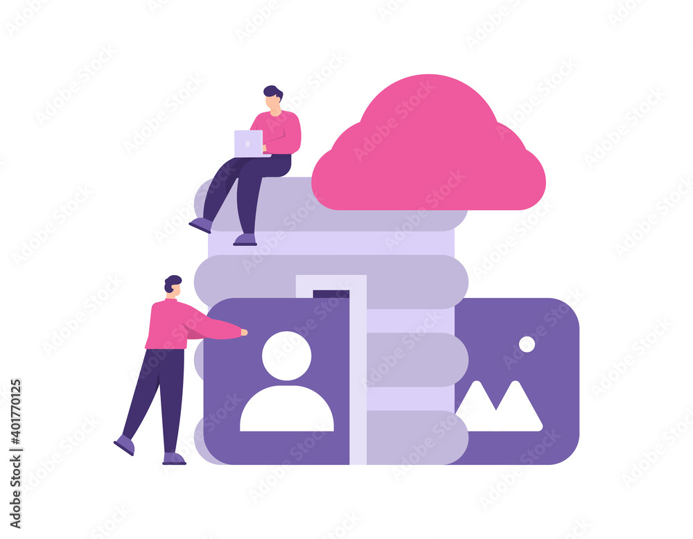 the concept of cloud storage servers, data storage services. illustration of people entering data or information into a storage device. users using laptops. flat style. design elements the concept of cloud storage servers, data storage services. illustration of people entering data or information into a storage device. users using laptops. flat style. design elements