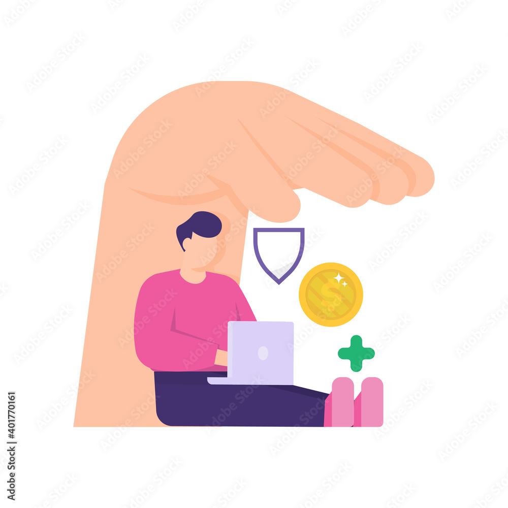 the concept of protection or insurance for employees and workers. health, financial, and life insurance. illustration of a man working on a laptop and sitting under his palms. boss hand. flat style the concept of protection or insurance for employees and workers. health, financial, and life insurance. illustration of a man working on a laptop and sitting under his palms. boss hand. flat style
