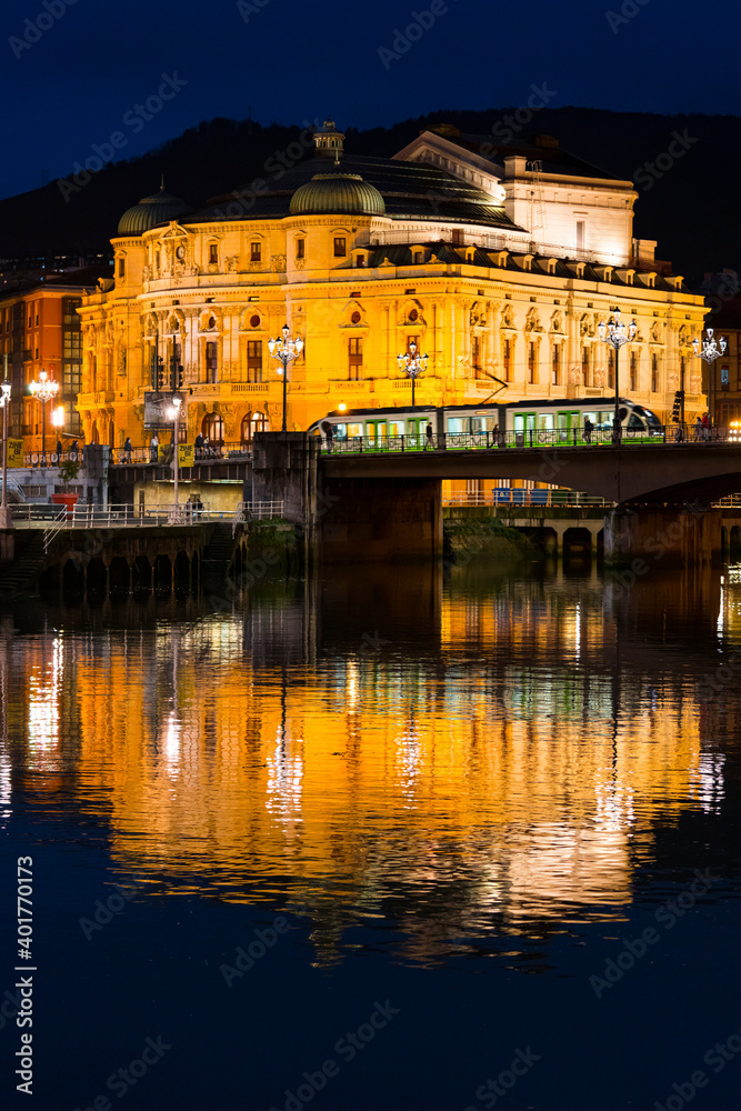 Arriaga Theater at dusk. City of Bilbao in the Province of Bizkaia in the autonomous community of the Basque Country, Spain, Europe