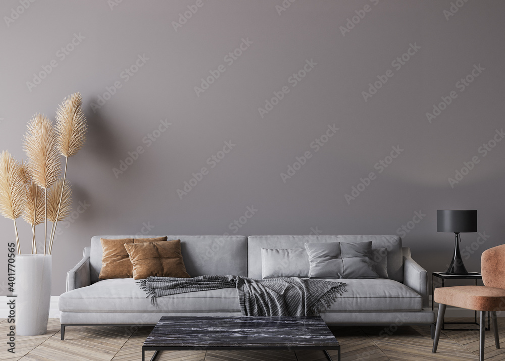 Modern living room interior, gray sofa on dark empty wall mockup - obrazy, fototapety, plakaty 