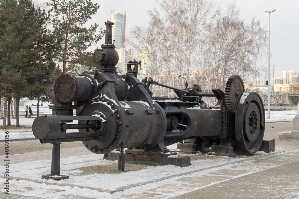 YEKATERINBURG, RUSSIA, Ancient mechanism in the park of the Ural city of Yekaterinburg.
