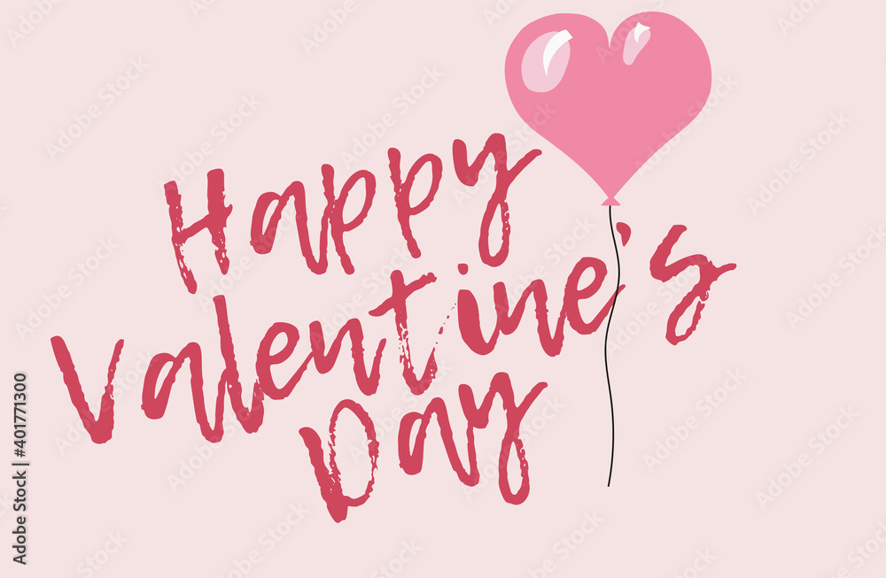 Banner: Happy Valentine's Day. Pink background with a balloon in the shape of a heart, the text is red. Can be used as background (poster) or greeting card.