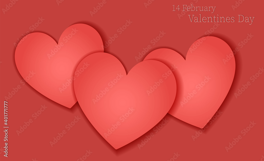 Greeting text card. Happy Valentine's day. Volumetric hearts on a pink background.