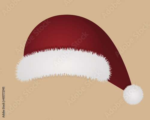 Santa Claus hat. Red headdress with fur. Colored vector illustration. Isolated beige background. Fairy characters cap with a round pompom. Part of Santas costume. Happy new year and merry christmas. 