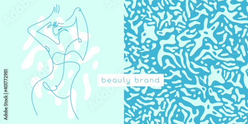 Vector feminine symbol design template minimal line style. Beauty studio logo design in trendy soft hue. Abstract animal skin pattern. Light seamless background for cosmetic label. Body care insignia.