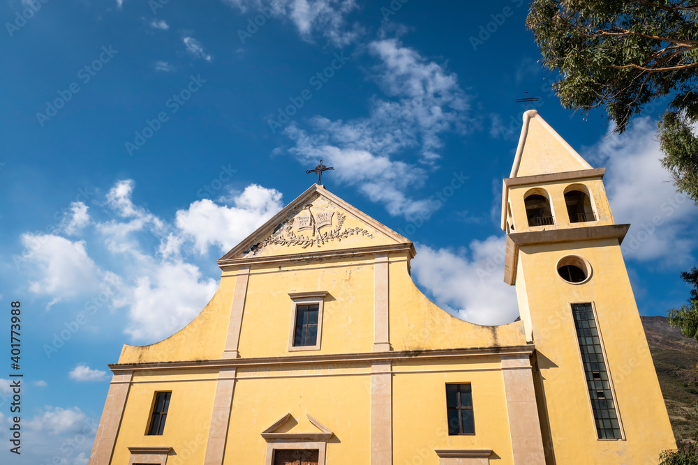 View of a typical church of Stromboli, small island of the Aeolian Archipelago, group of small volcanic islands, located in the Mediterranean Sea, between the shores of Sicily and Calabria Regions.