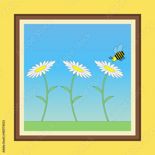 vector illustration of a positive joyful warm picture in a colored frame spring landscape with three daisies and a striped bee on a blue gradient background for a postcard or congratulation
