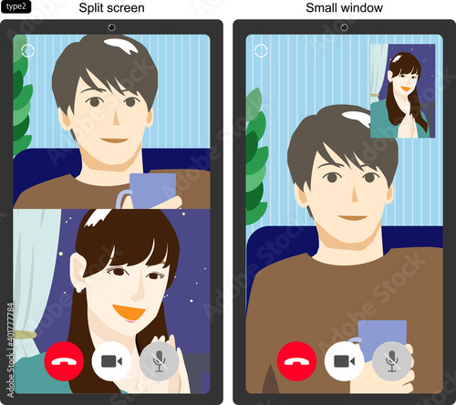 ビデオ通話する若い男女2人のスマホ画面のイラスト2　線なし　2パターン