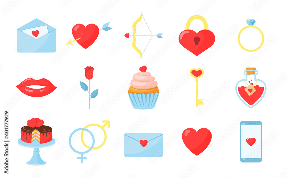Set of Valentine's day items isolated on white. Vector illustration in flat style for websites, postcards and banners. Set of Valentine's day items isolated on white. Vector illustration in flat style for websites, postcards and banners.