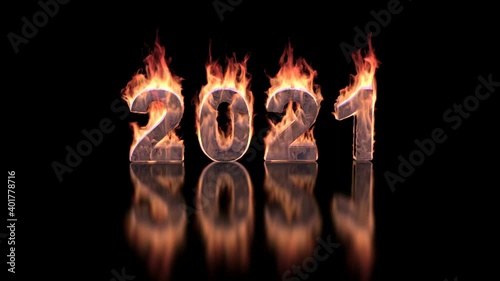 2021 year text burning in fire on glossy surface – 3d animation