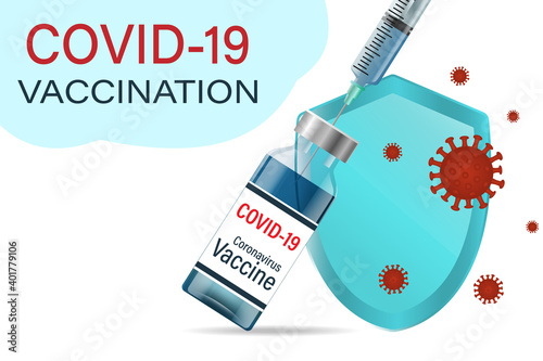 The concept of vaccination. The immunization campaign. Vaccination against COVID-19. Health and safety. A syringe, a bottle of vaccine and a virus with a protective shield. Vector illustrations.